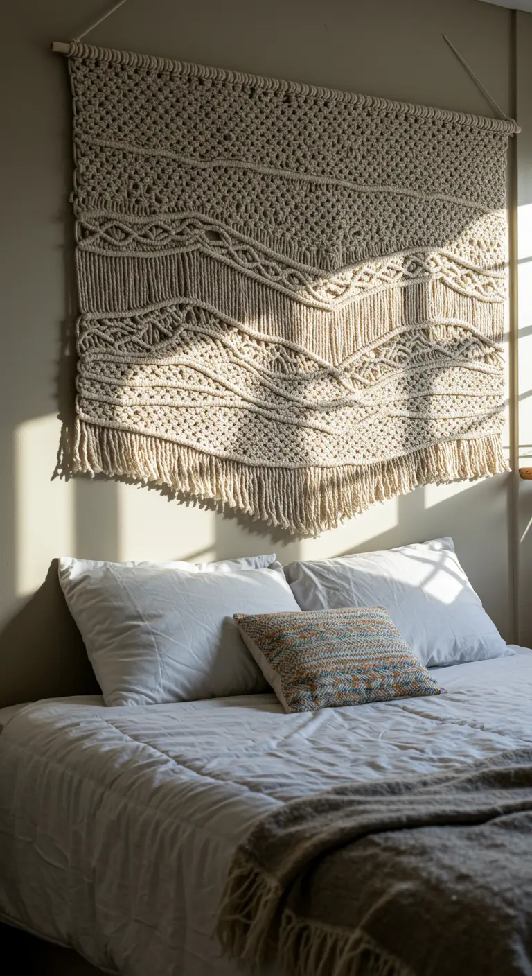 Tapiz de macramé XXL de estilo paisajístico, colgado sobre una cama como cabecero.