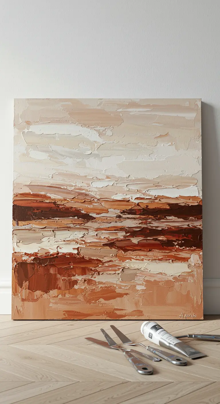 Cuadro abstracto con texturas en tonos tierra y beige.