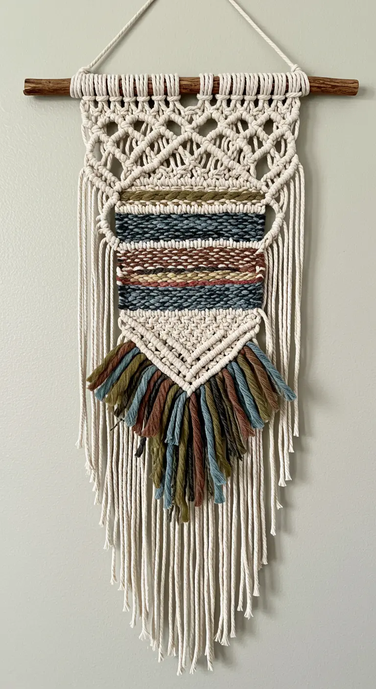 Tapiz de macramé con una sección central tejida con hilos de colores tierra como verde, azul y marrón.