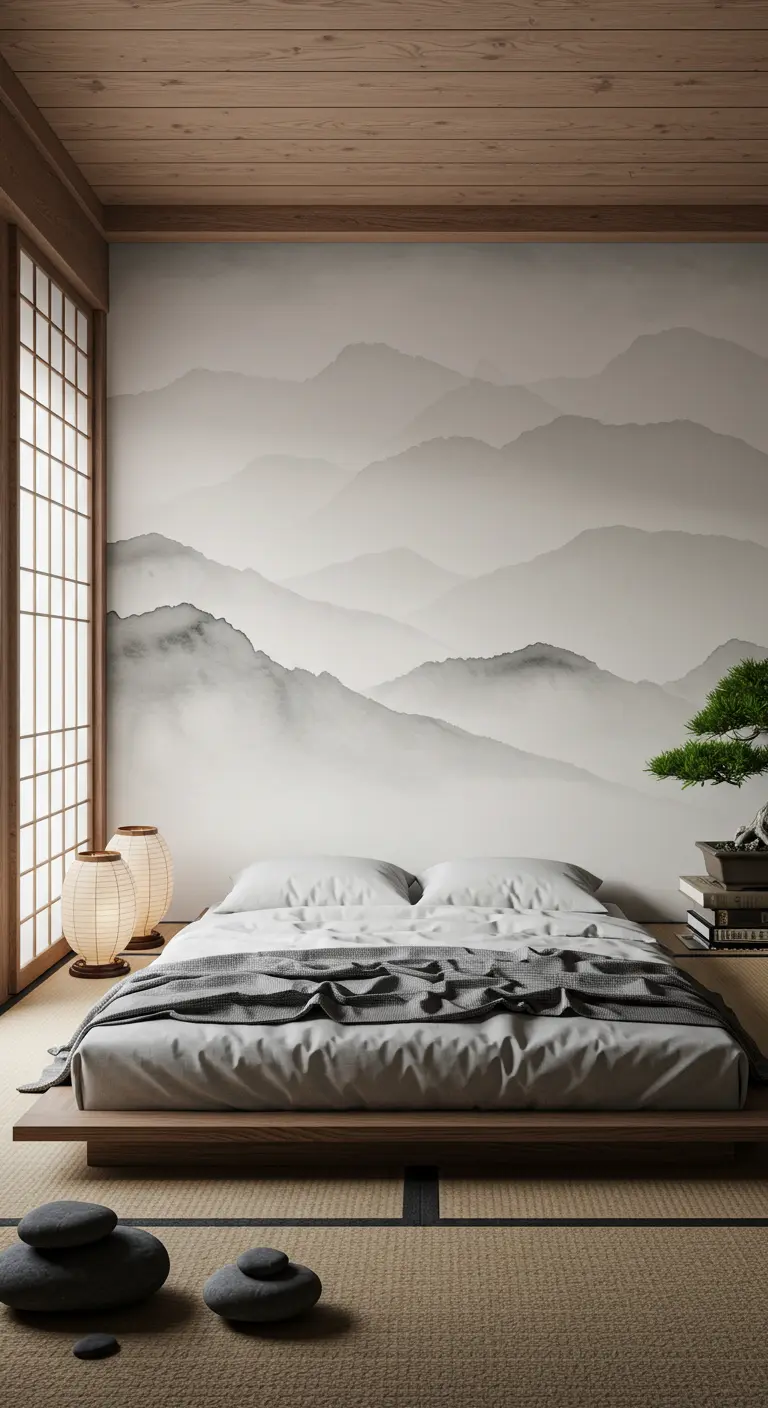 Mural de pared de un paisaje de montañas neblinosas en un dormitorio de estilo japonés.