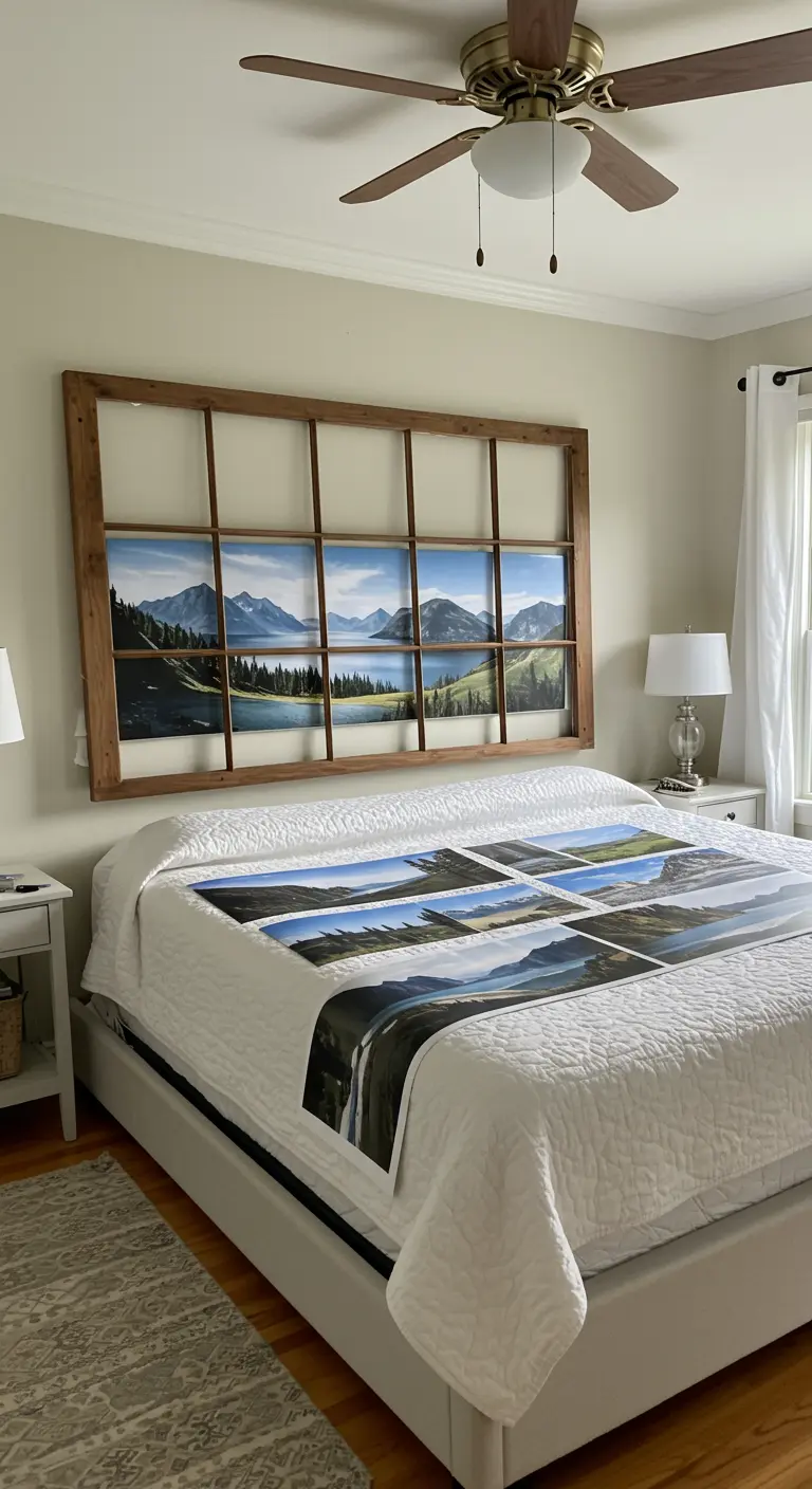 Ventana de madera como cabecero de cama con una foto panorámica de un lago y montañas.