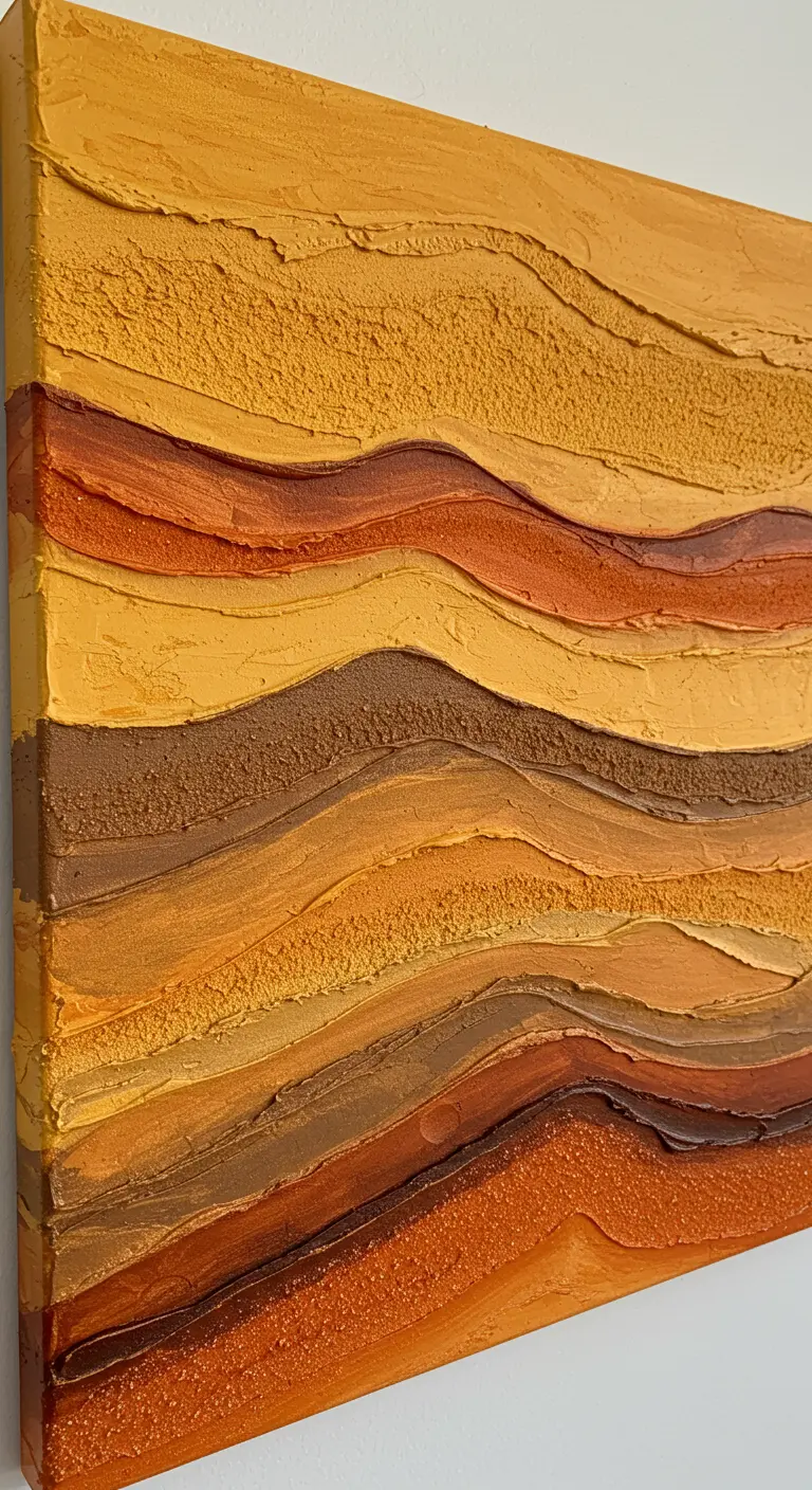 Detalle de un cuadro con capas horizontales onduladas de yeso y arena en tonos tierra