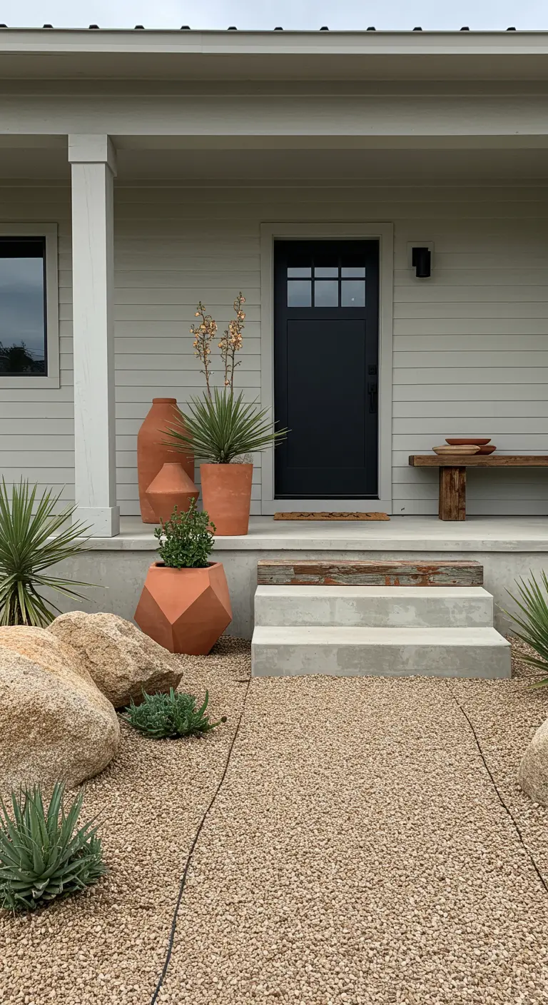 Entrada con paisajismo de grava, rocas grandes y macetas de terracota geométricas y esculturales