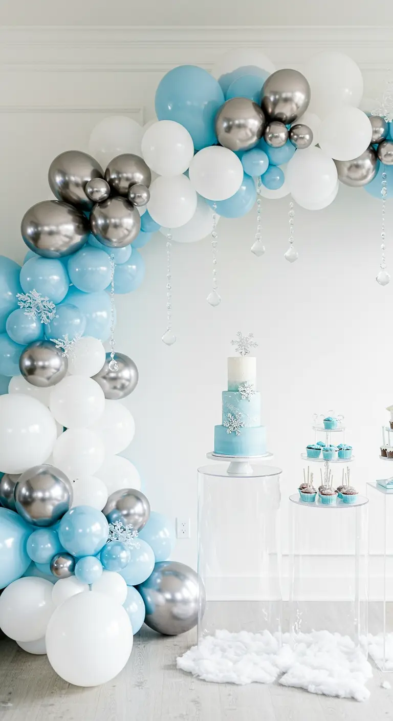 Arco de globos blancos, azules y plateados con temática de invierno.