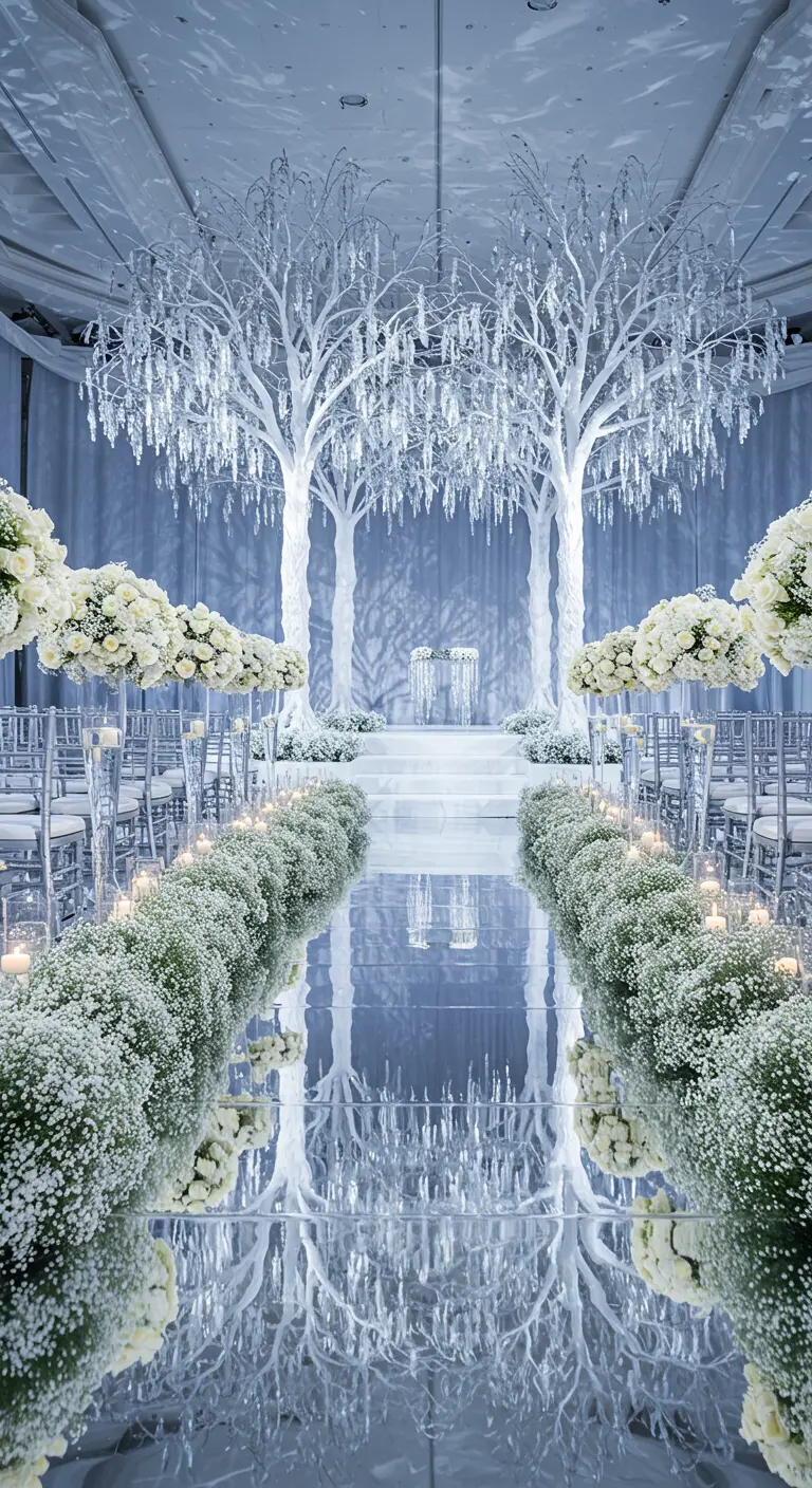 Ceremonia de boda temática de invierno con pasillo de espejo, árboles blancos y flores blancas.