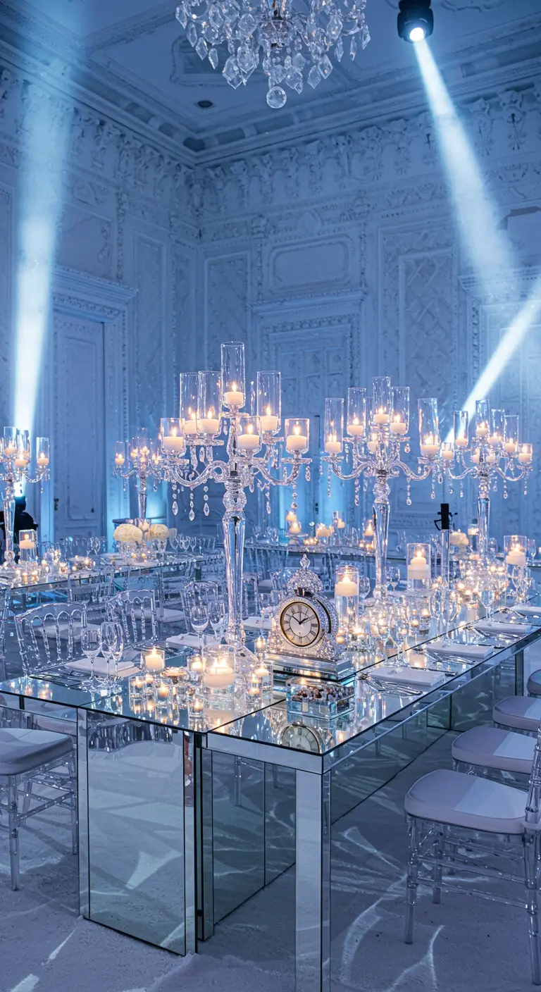 Salón de baile blanco y plateado con mesas de espejo, candelabros de cristal y un reloj enjoyado.