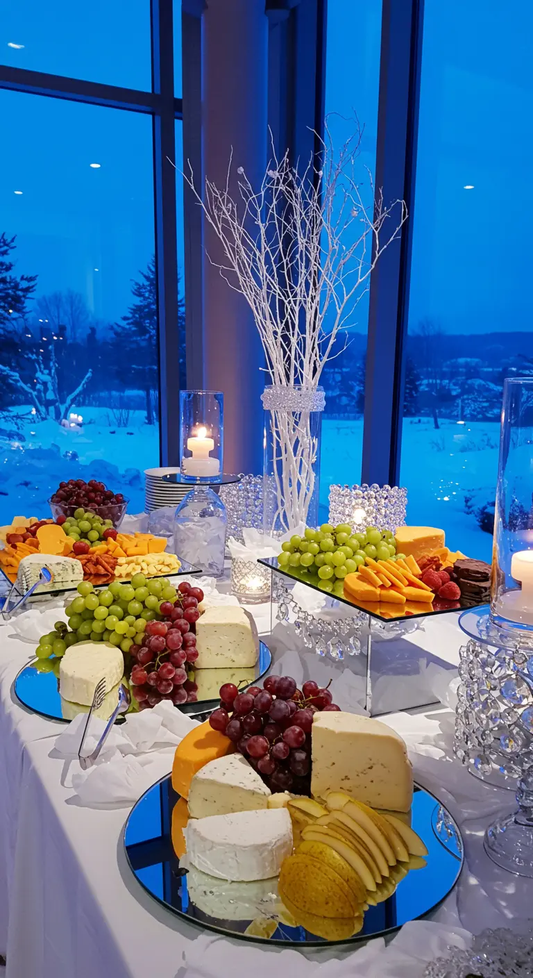 Mesa de quesos de invierno con espejos, ramas blancas y tonos fríos.