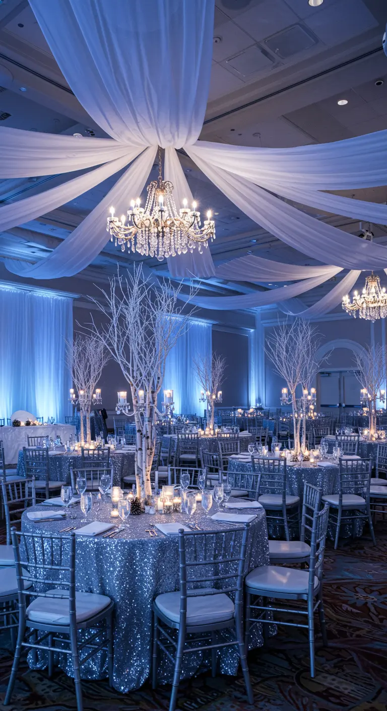 Salón de bodas de invierno con manteles de lentejuelas y árboles blancos.