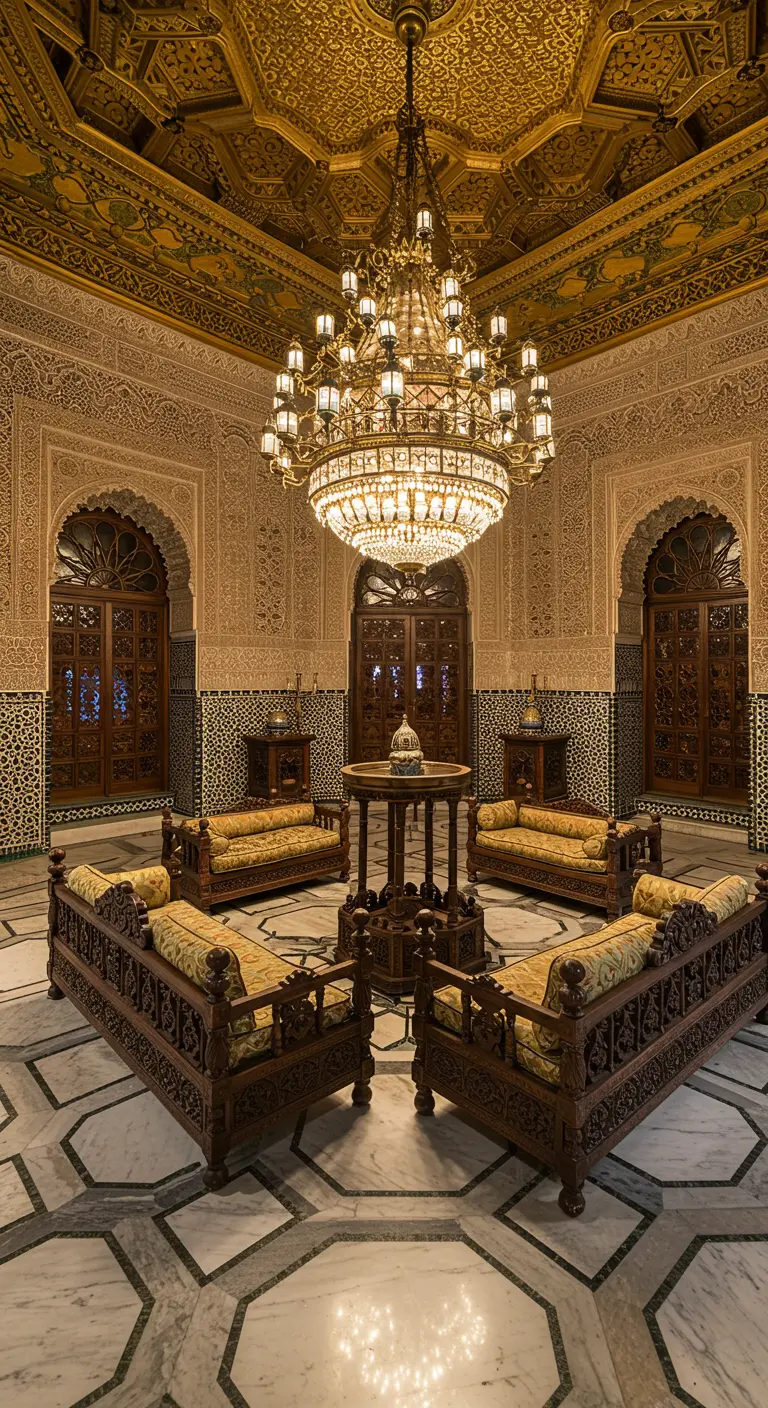 Salón palaciego con suelo de mármol geométrico, muebles de madera tallada y una gran lámpara.