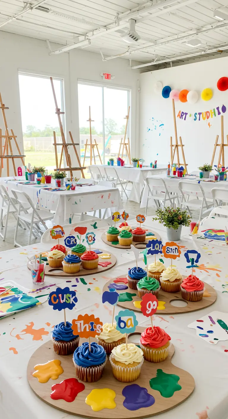Fiesta de arte con cupcakes de colores servidos en paletas de pintor.