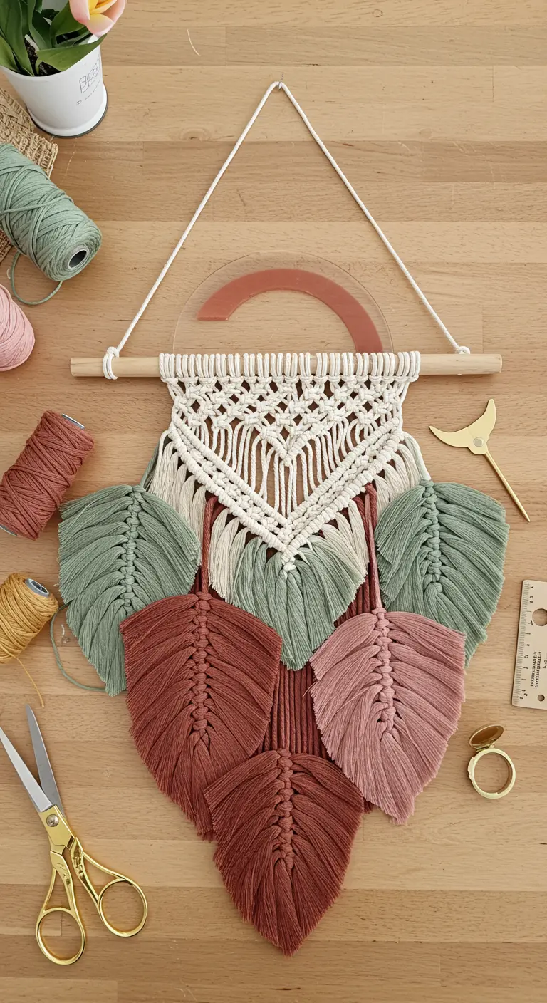 Mesa de trabajo con un tapiz de macramé en proceso con hojas en tonos tierra