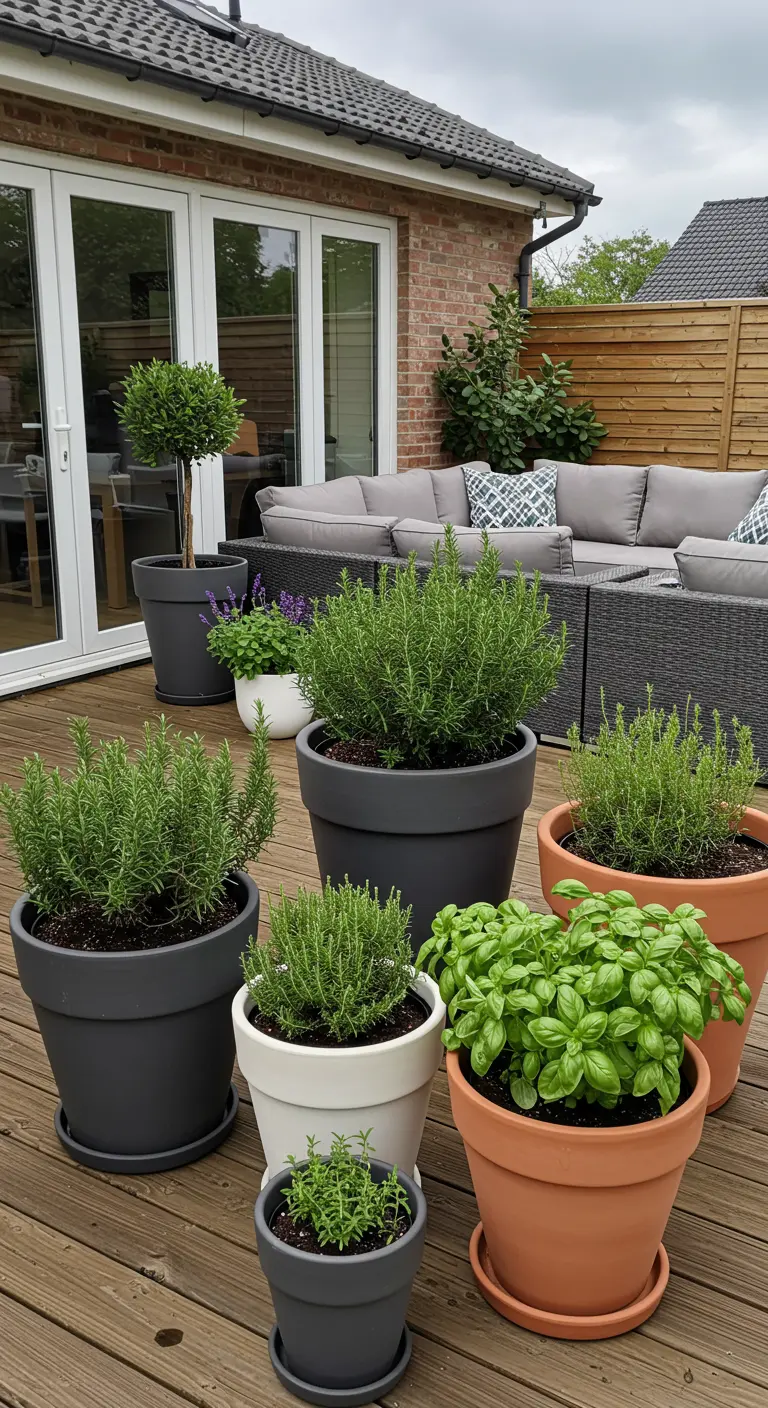 Composición de macetas grises, blancas y de terracota con hierbas aromáticas en una terraza de madera