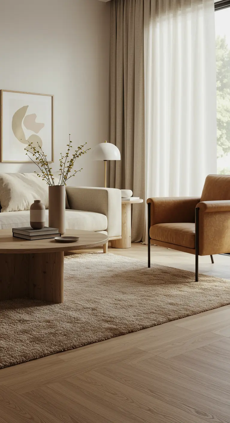 Sala de estar en tonos neutros con sofá beige, sillón de cuero y alfombra de pelo alto.