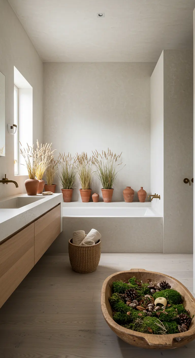 Baño minimalista en tonos beige con macetas de hierbas secas y un cuenco con musgo.