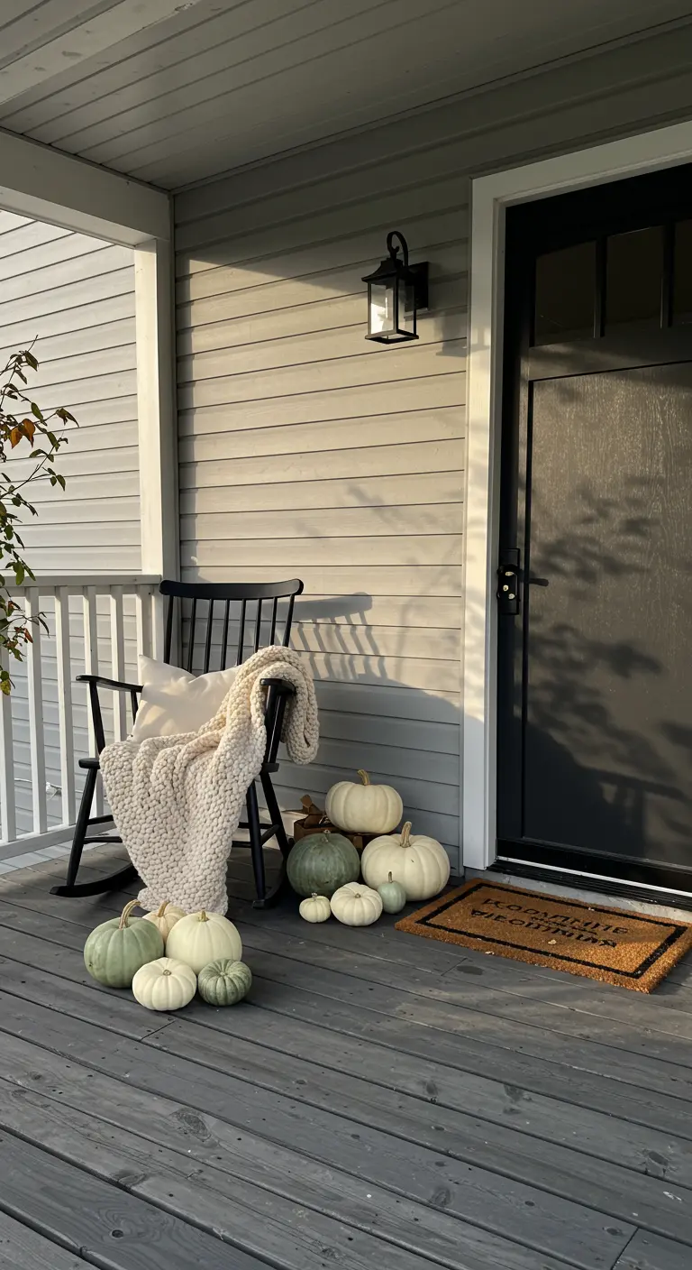 Porche gris con una mecedora negra, una manta de punto grueso y calabazas en tonos blancos y verdes.