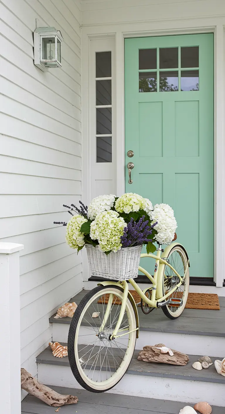 Bicicleta amarilla pastel con hortensias blancas y lavanda frente a una puerta verde menta