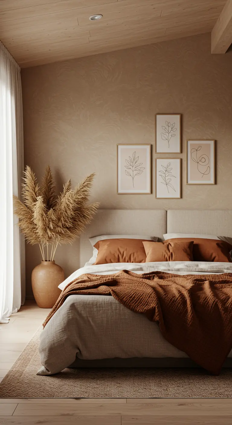 Dormitorio en tonos tierra con ropa de cama terracota, pampas secas y arte lineal.