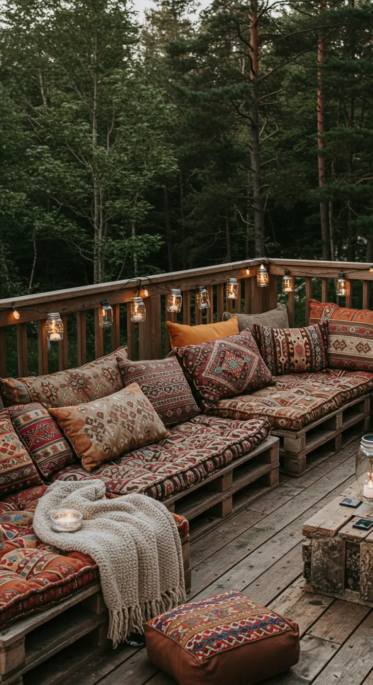 Terraza de madera con sofás hechos de palets, colchonetas y cojines étnicos, y luces en frascos.