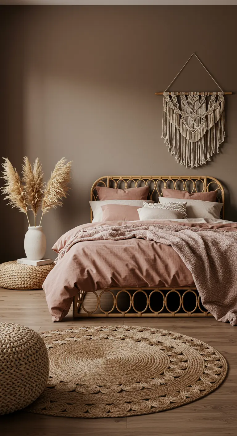 Dormitorio boho con cama de ratán, ropa de cama rosa empolvado y un tapiz de macramé.