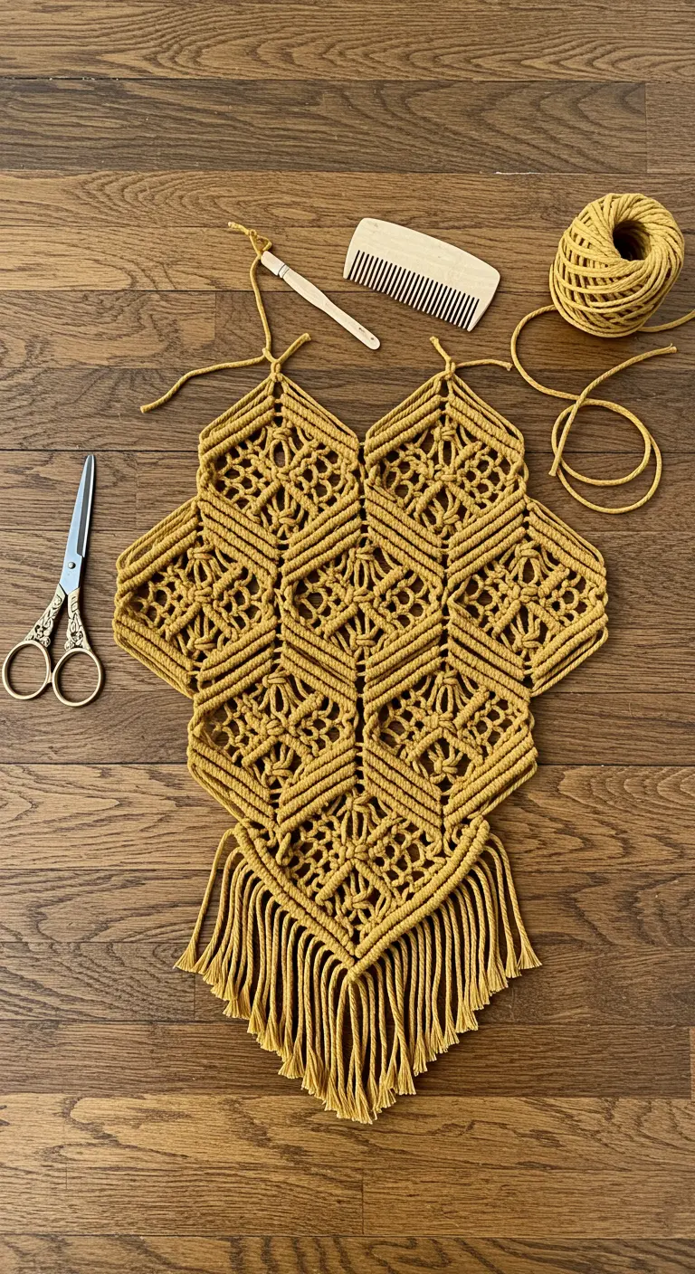 Tapiz de macramé modular con forma de panal de abejas en color mostaza, sobre un suelo de madera.