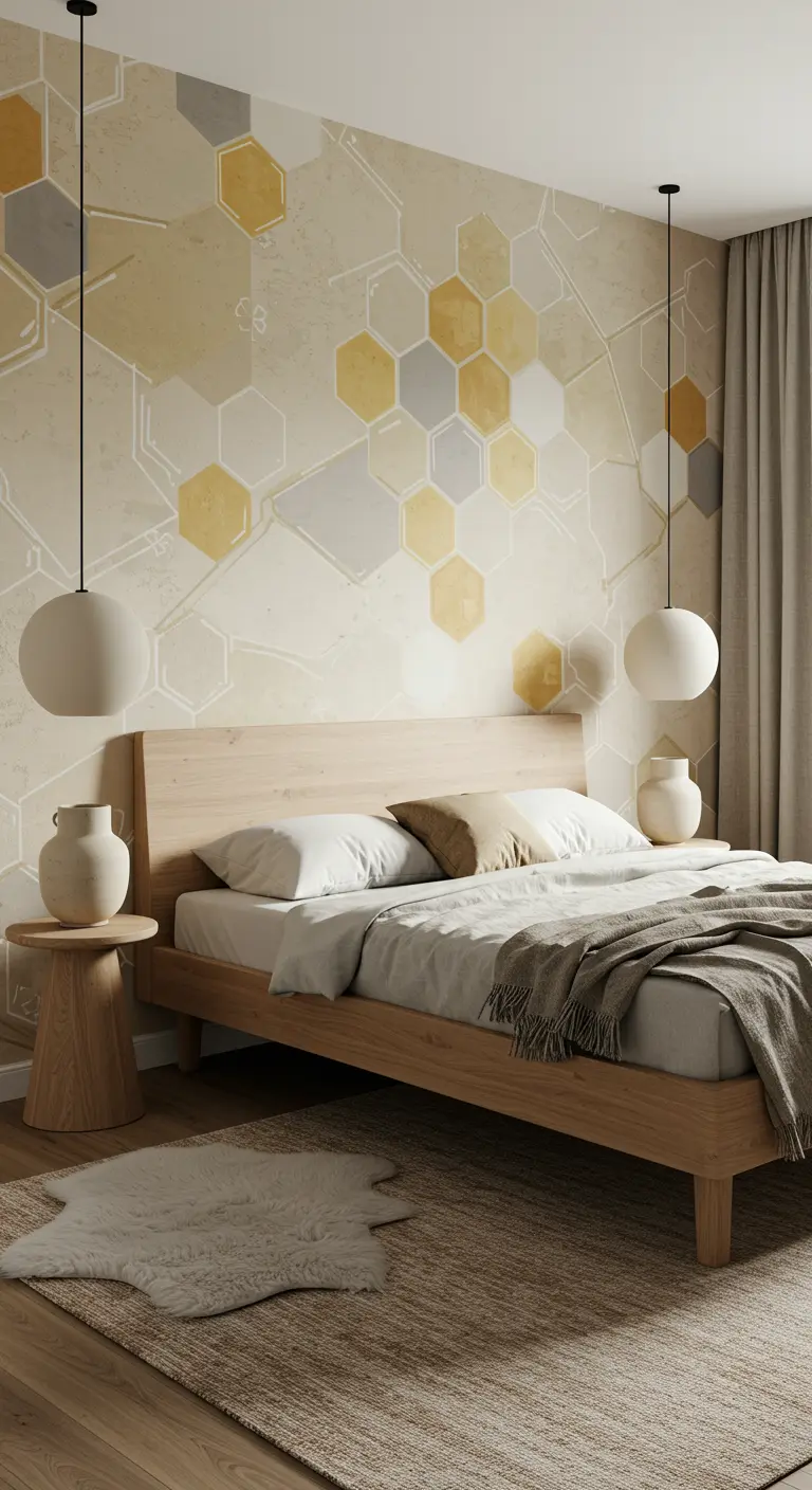 Mural con un patrón geométrico de panal de abeja en tonos ocres y grises.
