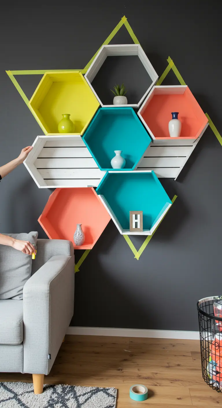 Repisas hexagonales DIY hechas con cajas de madera y pintadas en colores vivos sobre pared gris.
