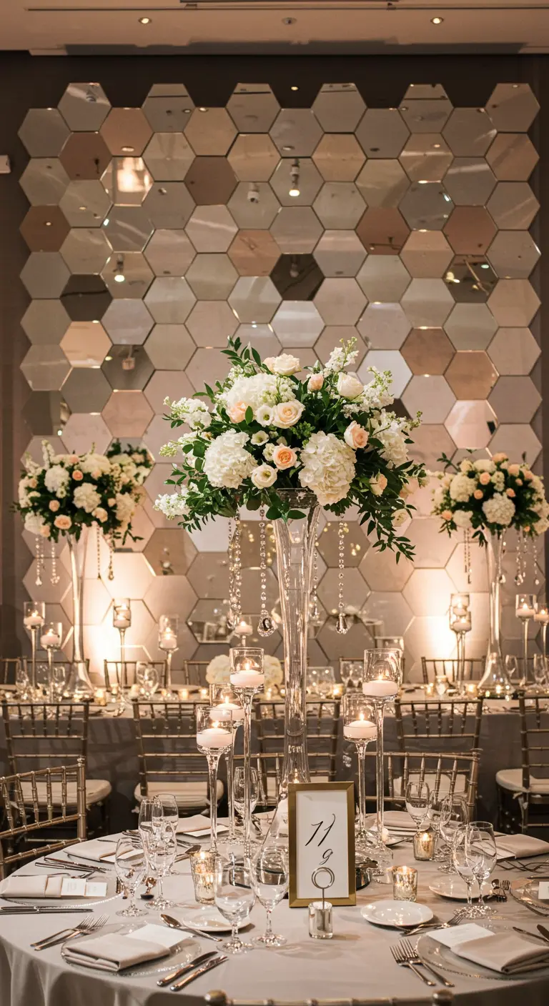 Pared de espejos hexagonales detrás de una mesa de boda con un gran centro de mesa floral.