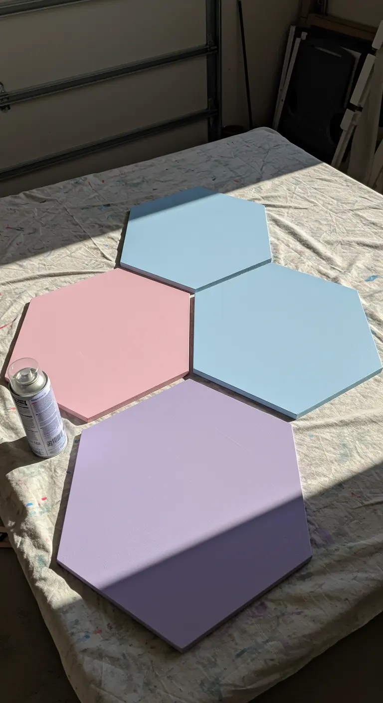 Cuatro paneles de madera hexagonales pintados en rosa, azul y lila pastel sobre una tela.