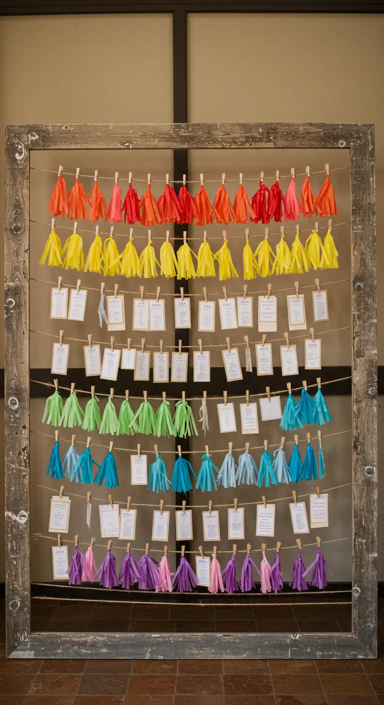 Plan de asientos de boda en un marco de madera, con tarjetas colgadas y borlas de papel de colores.
