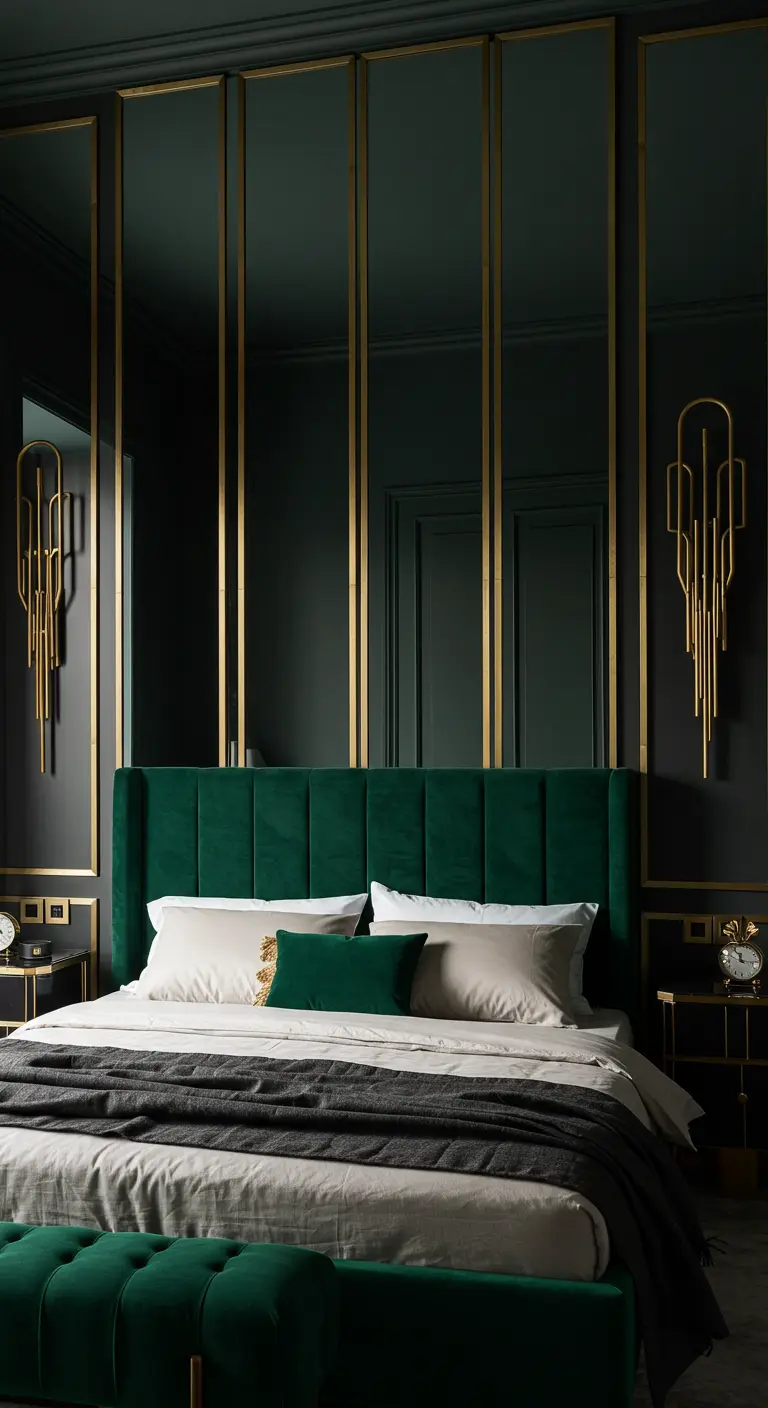 Cabecero de paneles de espejo verticales con detalles dorados detrás de una cama de terciopelo verde.