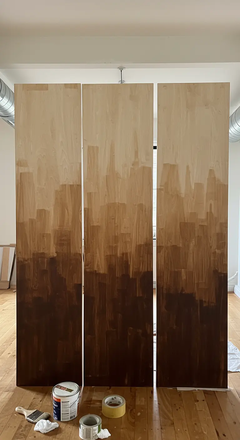 Tres paneles de madera altos teñidos con un degradado de marrón oscuro a madera natural.