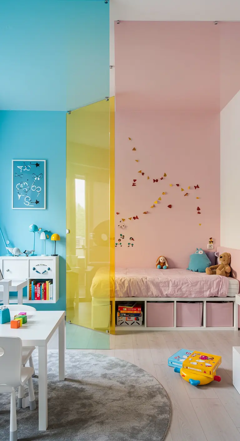 Paneles de metacrilato de colores azul, amarillo y rosa dividen una habitación infantil luminosa.