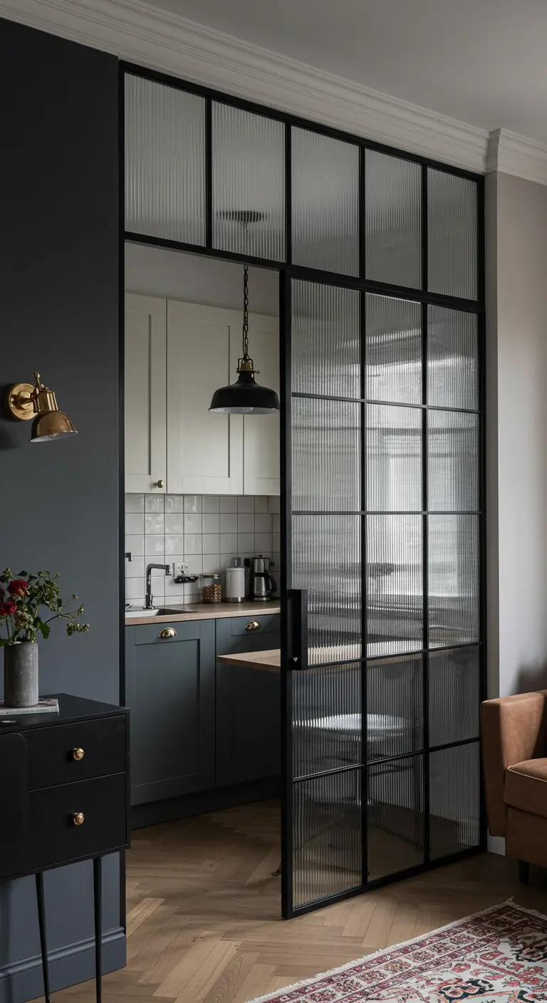 Puerta corredera de vidrio acanalado y metal negro que separa una cocina de la sala de estar.