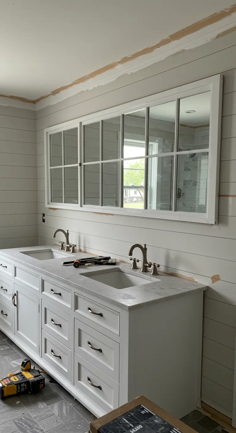 Espejo de ventana largo y horizontal instalado sobre un tocador de baño doble con lavabos blancos