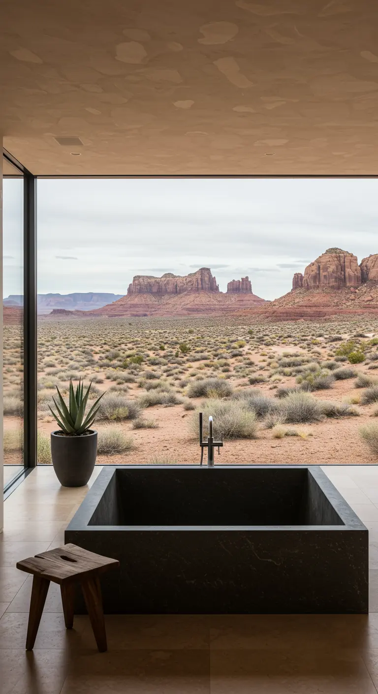 Bañera negra cuadrada con vistas panorámicas al desierto.