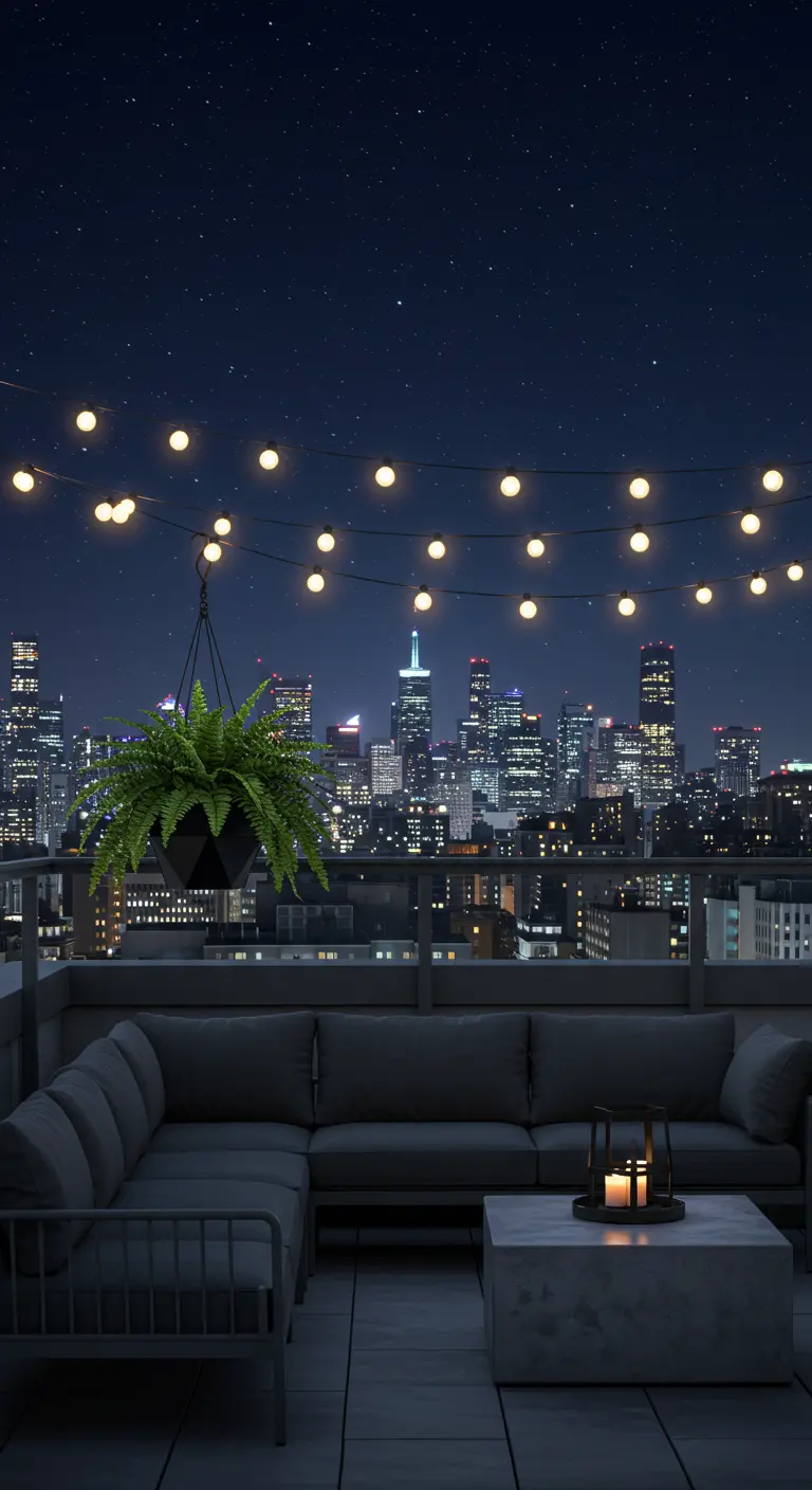 Terraza moderna en un ático con vistas a la ciudad, sofá gris y una guirnalda de luces.