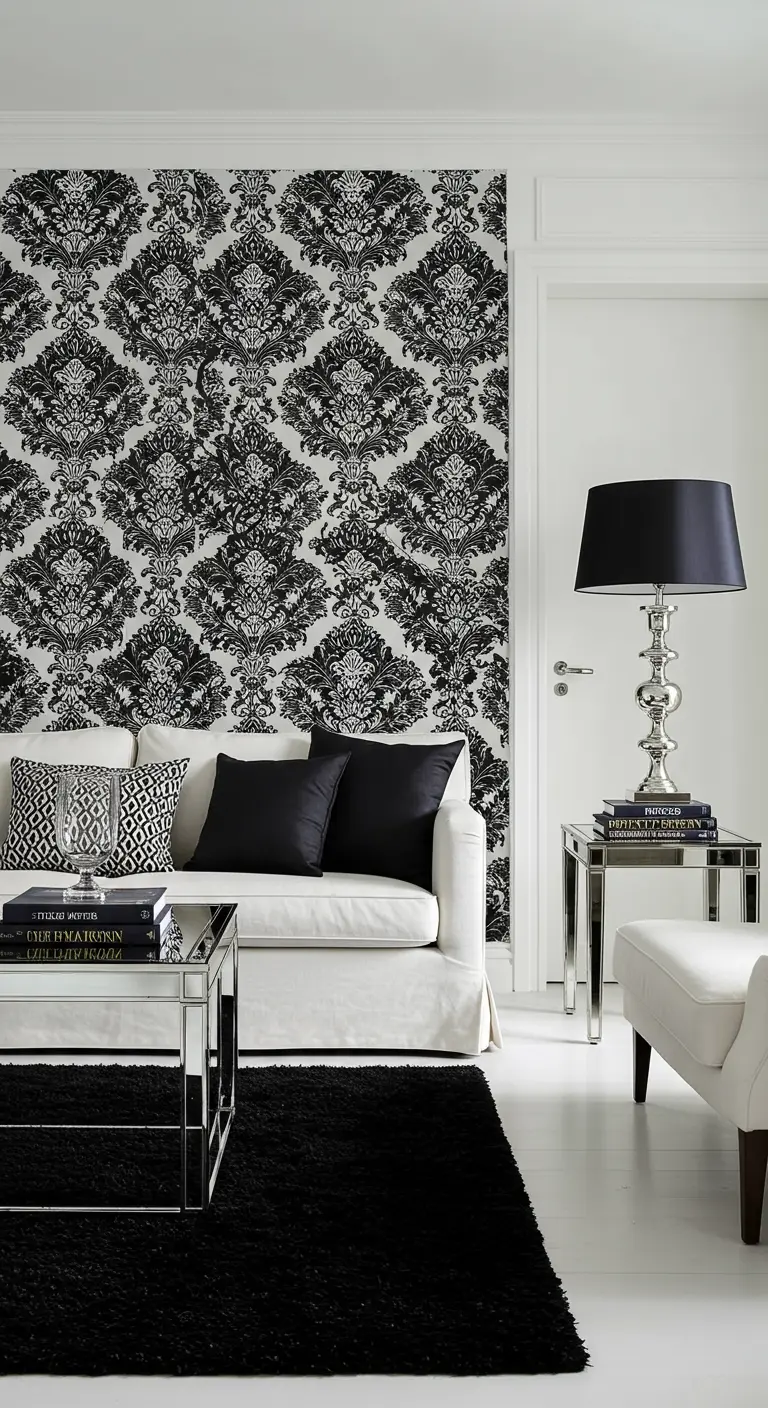 Pared de acento con papel pintado de damasco en blanco y negro, con un sofá blanco.
