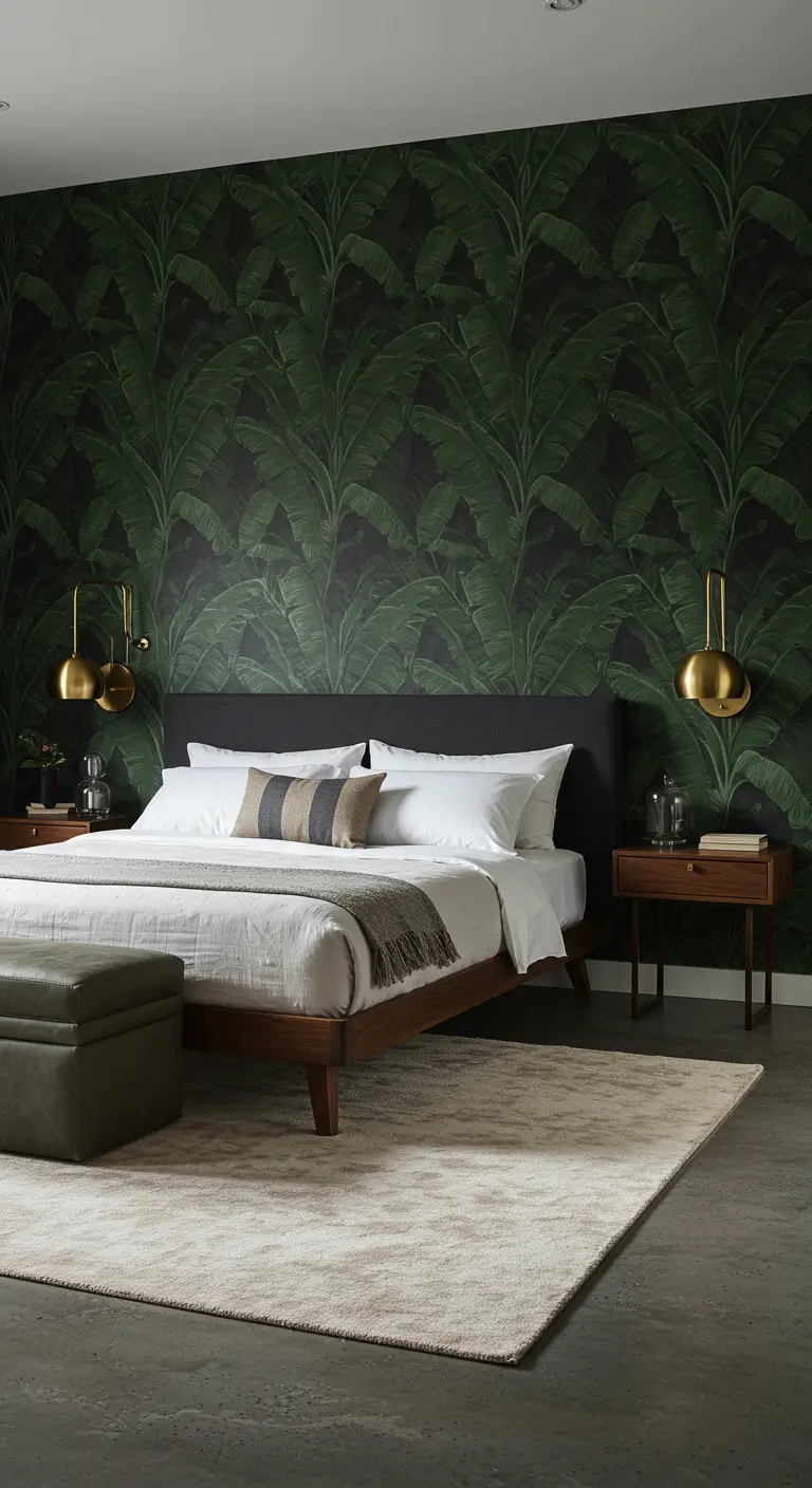 Habitación con papel pintado de hojas de banano oscuras y apliques de latón.