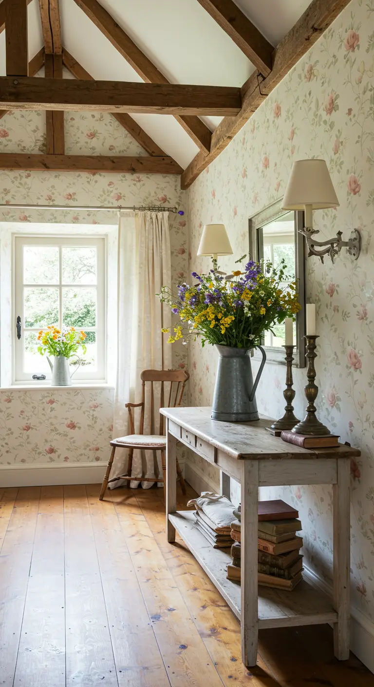 Rincón de recibidor con papel pintado de flores, vigas de madera y una mesa rústica con flores silvestres.