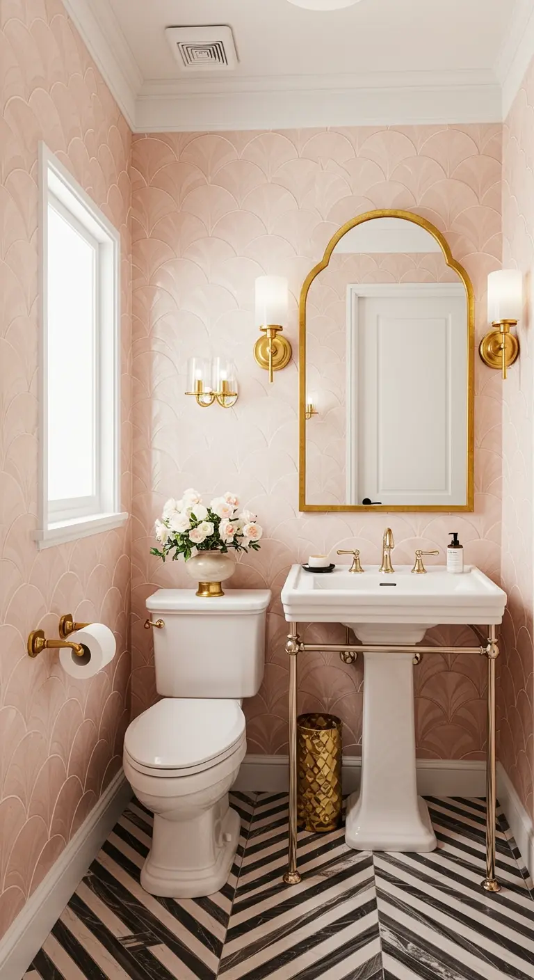 Baño pequeño con papel pintado rosa pálido, espejo dorado y suelo en espiga