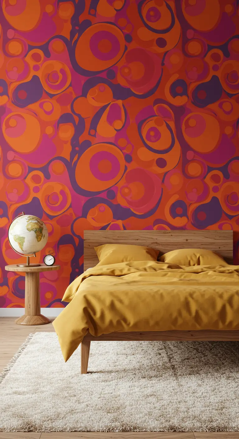 Pared de acento con papel tapiz psicodélico en tonos naranja, fucsia y morado.