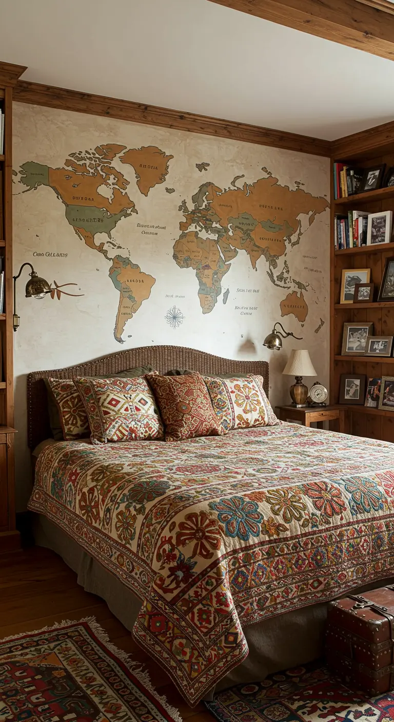 Mural de un mapa del mundo de estilo vintage en una pared de un dormitorio rústico.