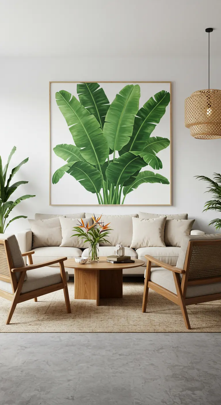 Sala de estar luminosa con un gran cuadro de hojas de plátano sobre un sofá beige y muebles de madera.