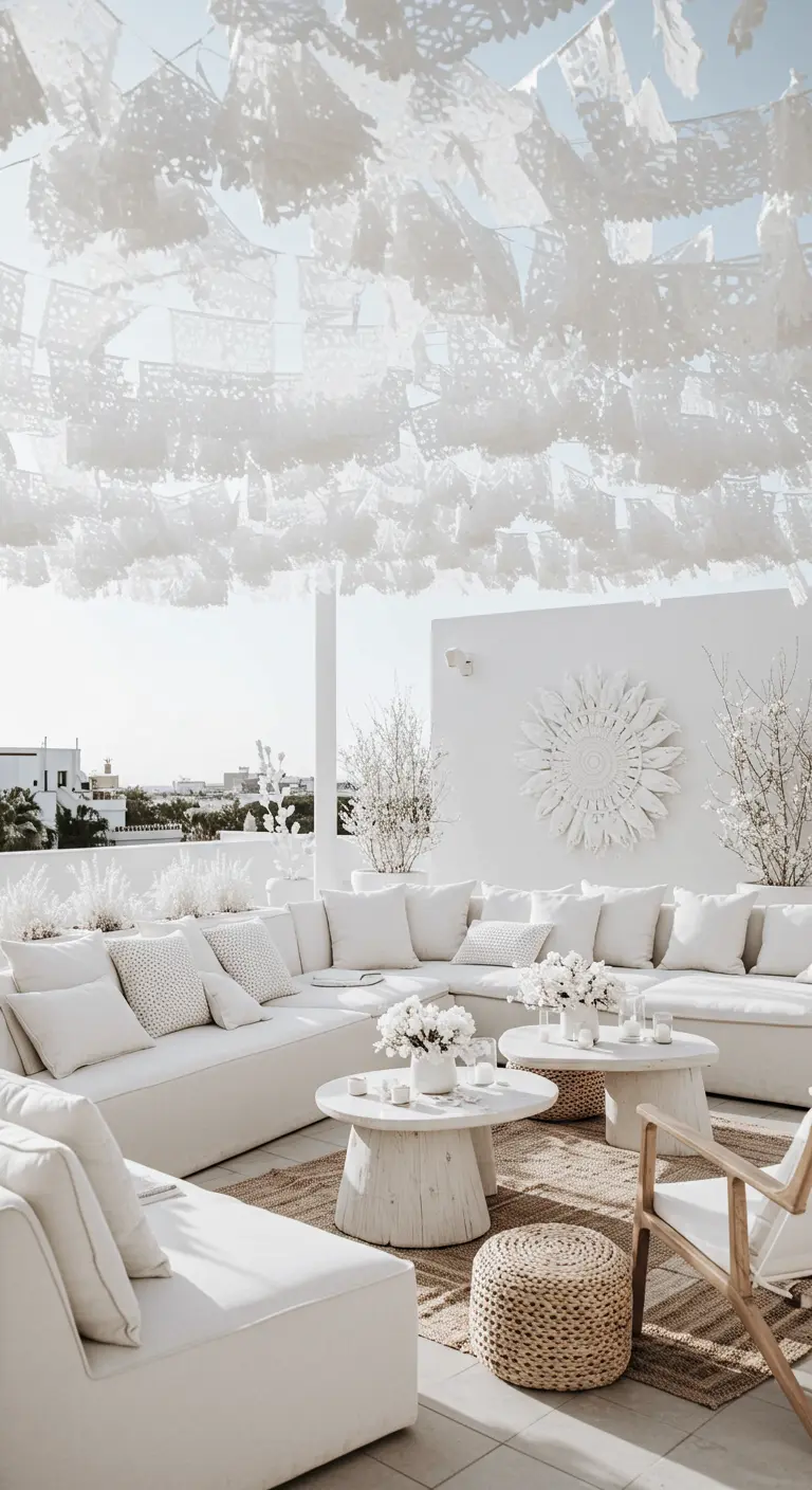 Terraza blanca estilo ibicenco con un techo cubierto de papel picado blanco y sofás blancos.