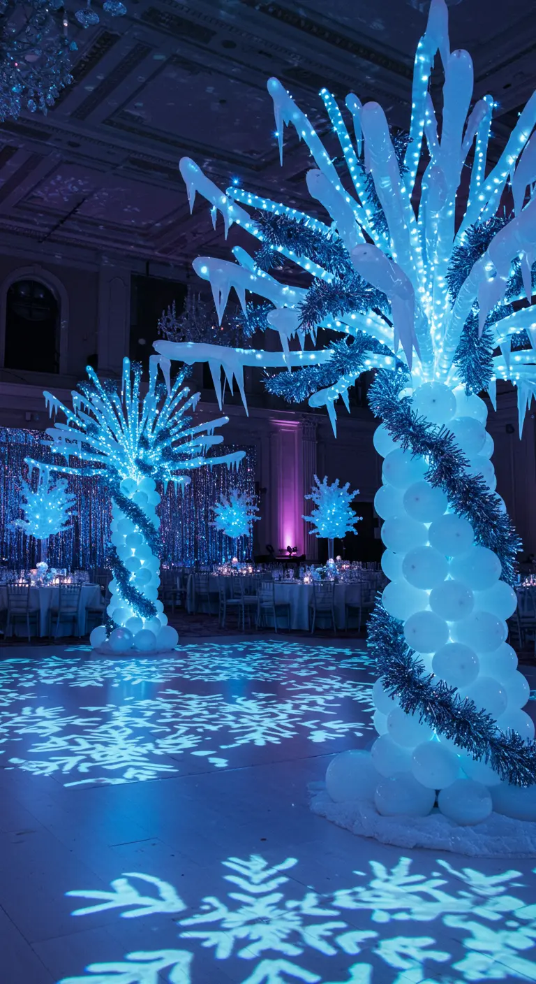 Palmeras hechas de globos blancos e iluminadas con luces azules en una fiesta temática de invierno.