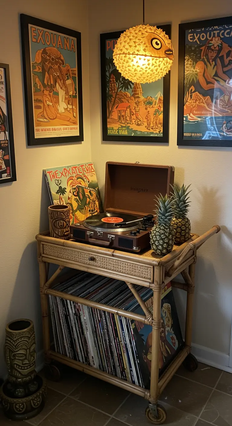 Carrito de bambú con un tocadiscos, vinilos y decoración tiki, rodeado de pósteres de viajes vintage.