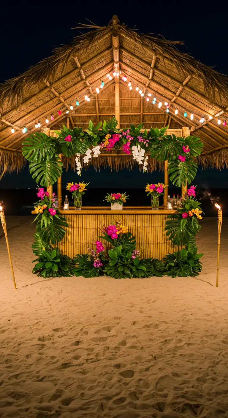 Barra tiki de bambú en la playa por la noche, decorada con hojas tropicales y flores de colores vivos.