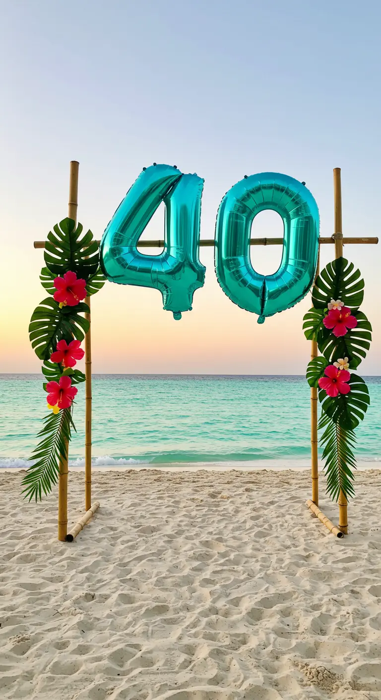 Arco de bambú en la playa con globos turquesa del número 40 y hojas tropicales.