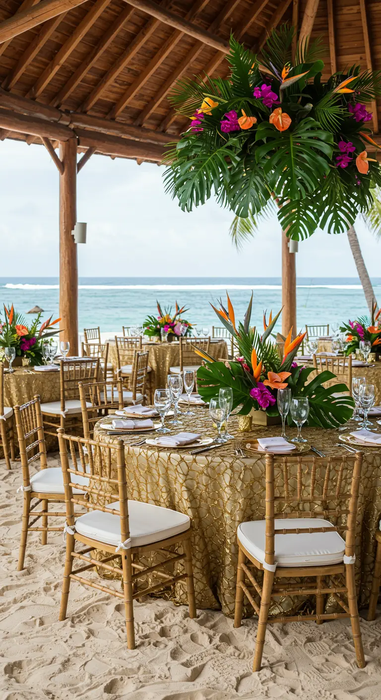 Mesa de boda en la playa bajo una estructura de madera, con mantel dorado y flores tropicales.