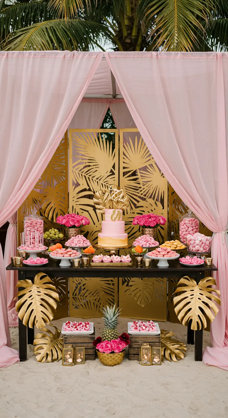 Candy bar de temática tropical con un biombo dorado de hojas de palmera y cortinas rosas.